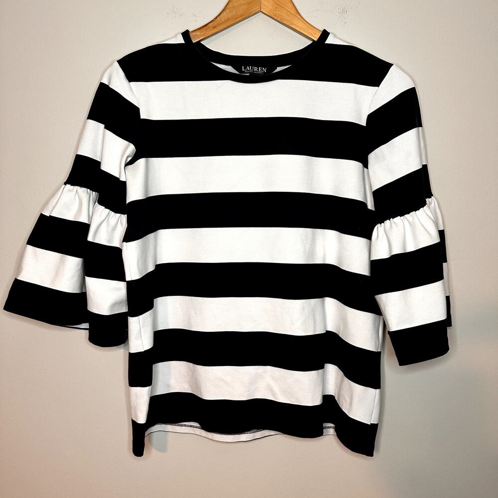 Lauren Ralph Lauren Bell Ruffle Sleeve Striped Top‎ 100% Cotton Size S